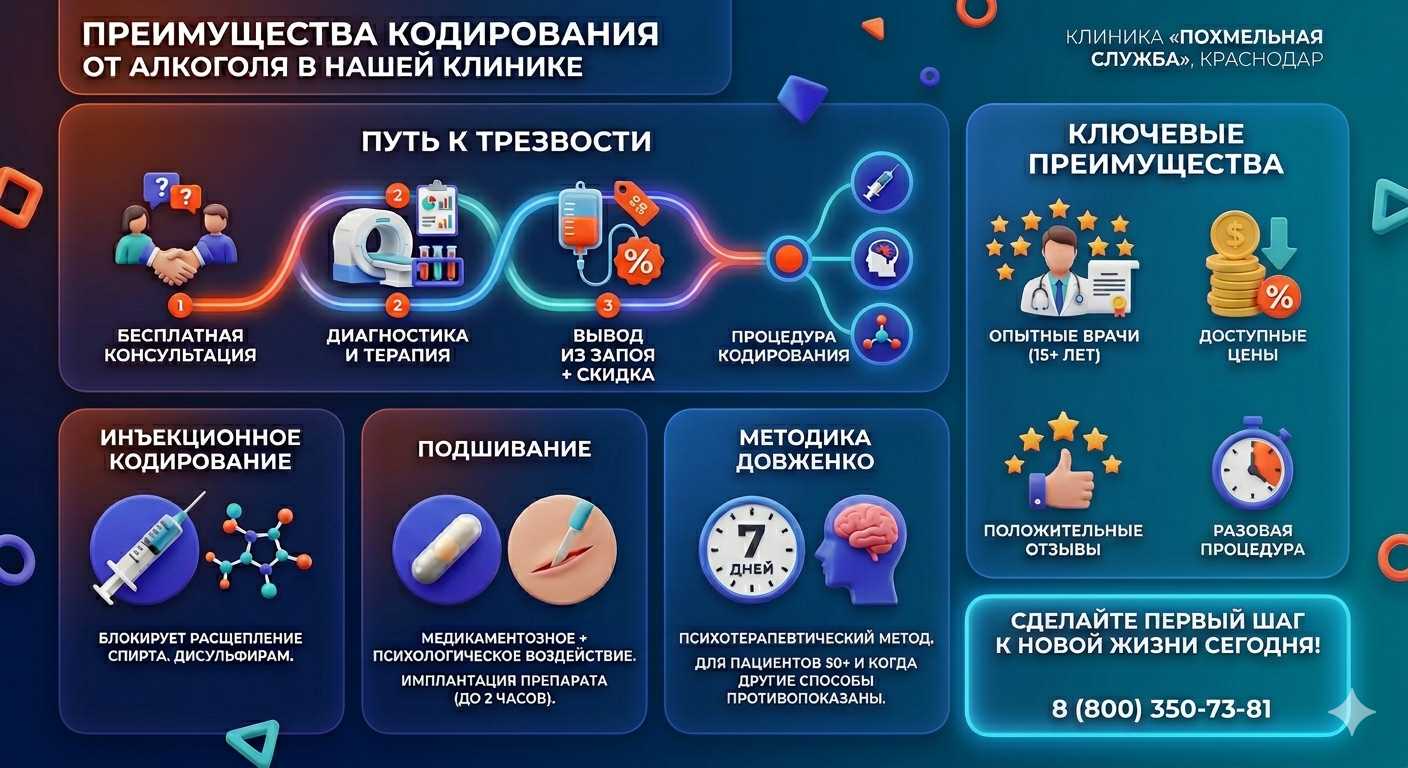 Инфографика о методах кодирования от алкоголя в Бердянске: инъекции, подшивание, метод Довженко. Преимущества клиники и этапы лечения.