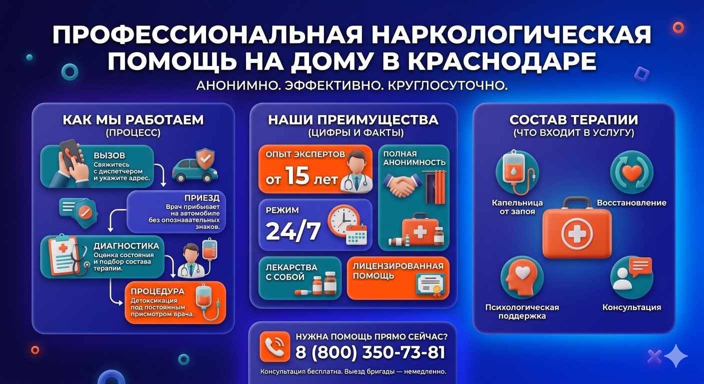 Инфографика о принципах лечения алкоголизма на дому в Бердянске: этапы вызова нарколога, преимущества анонимной детоксикации и состав медицинской помощи.